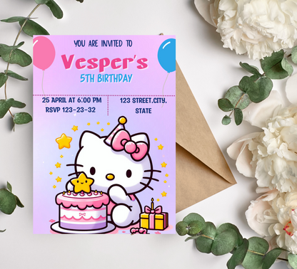 Hello Kitty Purple Birthday Invitation | Editable Canva Template | Kawaii Girls Birthday Party Invite | Printable Cute Birthday Invitation