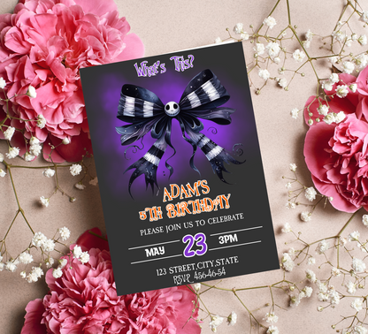 Nightmare Before Christmas Bow Birthday Invitation | Jack & Sally Party Invite | Editable Canva Template | Spooky Cute Printable Birthday Invitation