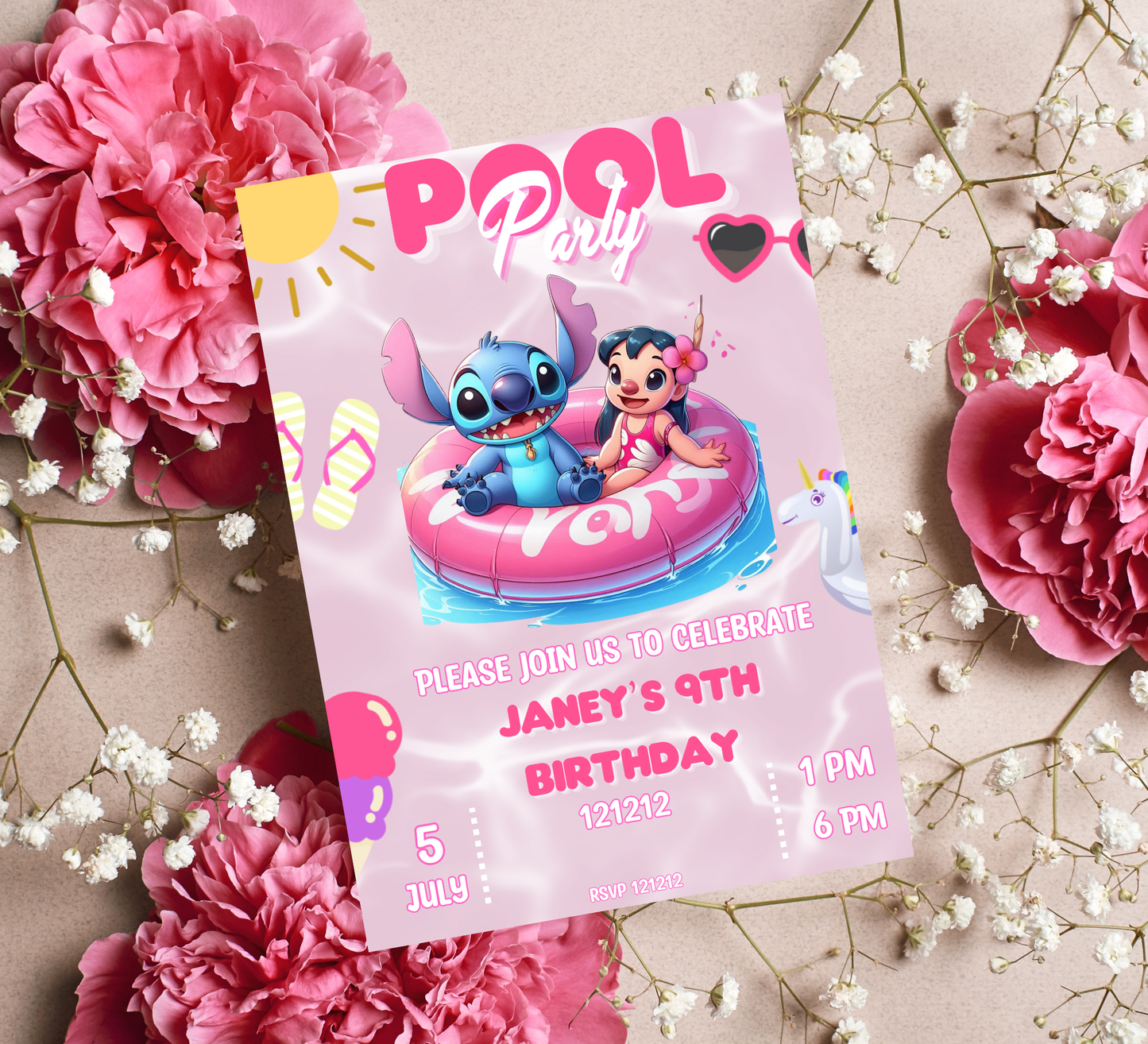 Stitch Pink Pool Birthday Invitation | Tropical Girl's Swim Party Editable Canva Template (Copy)