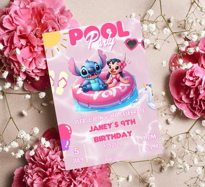 Stitch Pink Pool Birthday Invitation | Tropical Girl's Swim Party Editable Canva Template (Copy)