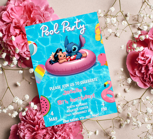 Stitch & Lilo Pool Birthday Invitation | Tropical Hawaiian Pool Party Invite | Editable Canva Template | Cute Summer Birthday Printable