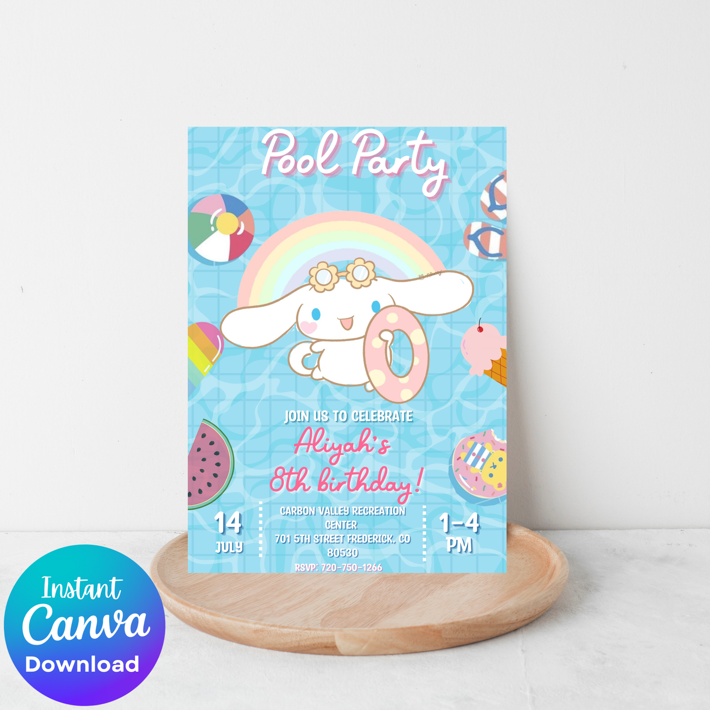 Cinnamoroll Kawaii Pool Birthday Invitation | Pastel Blue Summer Swim Invite | Editable Canva Template | Cute Aesthetic Splash Bash