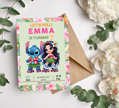Stitch & Lilo Tropical Roller Skating Birthday Invitation | Editable Canva Template | Kawaii Summer Party Invite | Printable Kids Birthday Invitation