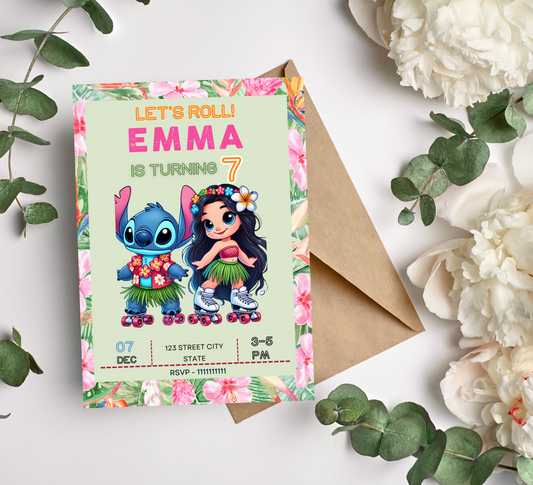 Stitch & Lilo Tropical Roller Skating Birthday Invitation | Editable Canva Template | Kawaii Summer Party Invite | Printable Kids Birthday Invitation