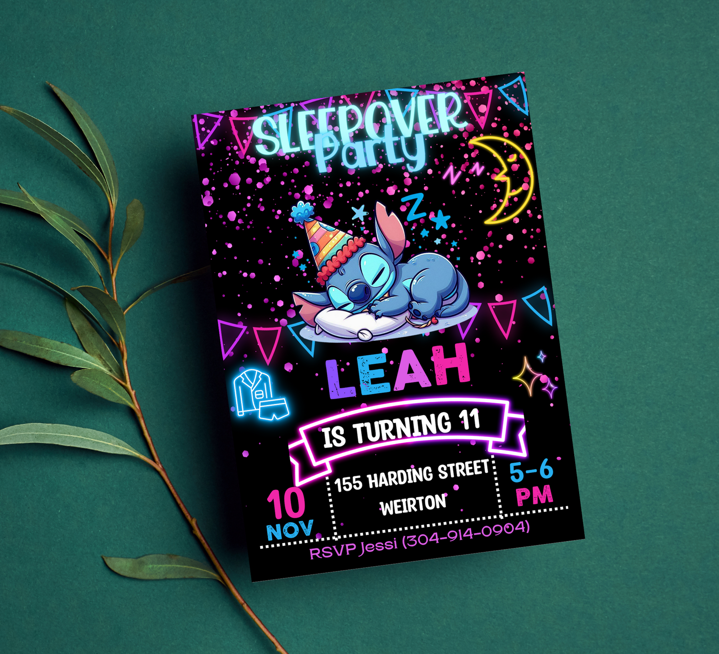 Stitch Neon Sleepover Birthday Invitation 🌙✨ | Glow Slumber Party Invite | Editable Canva Template