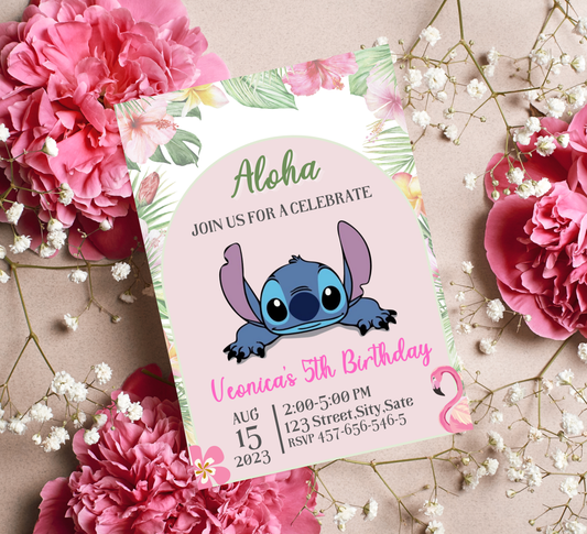Stitch Aloha Tropical Hawaii Birthday Invitation 🌺🌴 | Luau Party Invite | Editable Digital Template