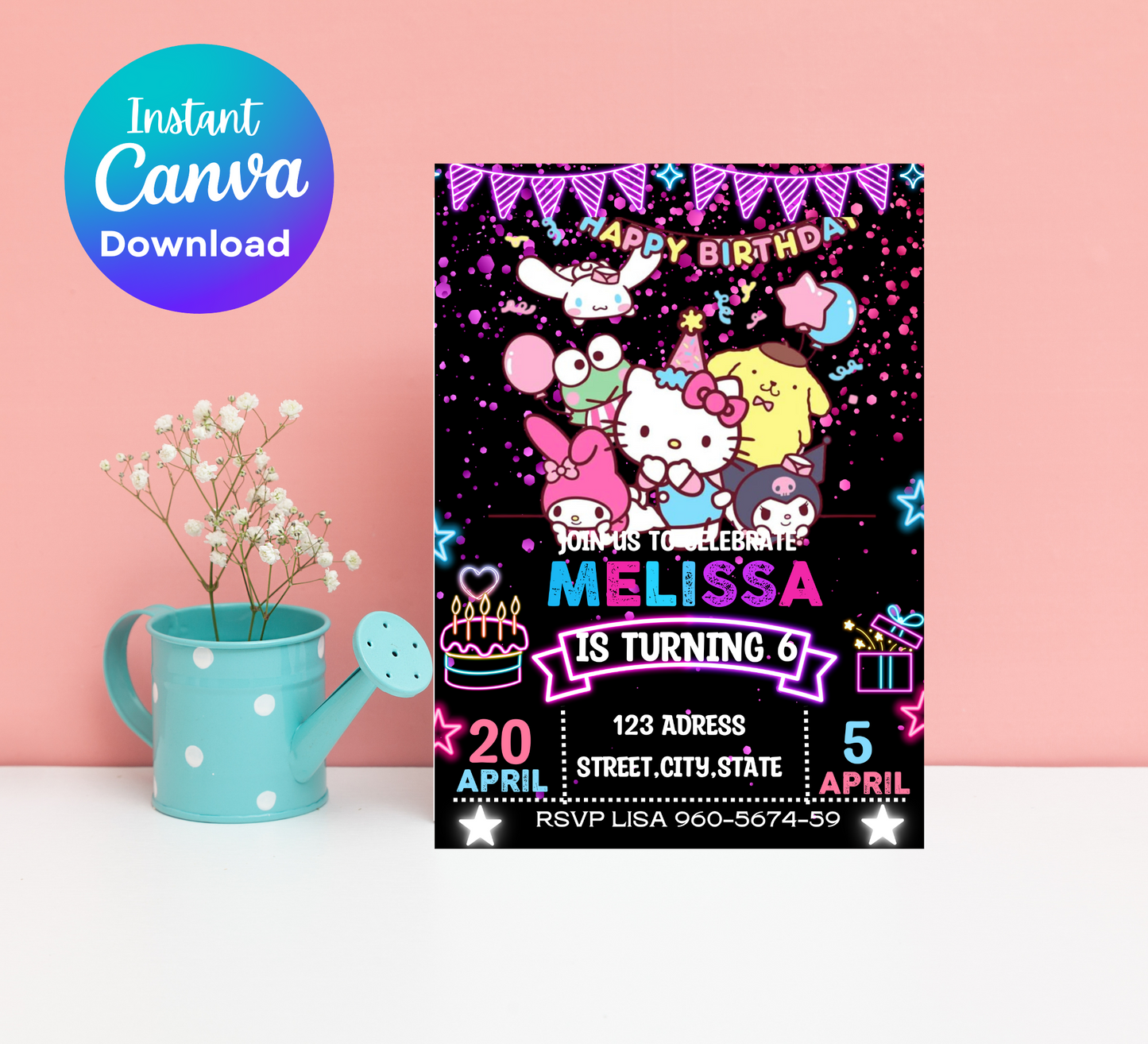 Hello Kitty & Friends Kawaii Neon Birthday Invitation | Editable Canva Template | Cute Glow Party Invite | Printable Girls Birthday Invitation