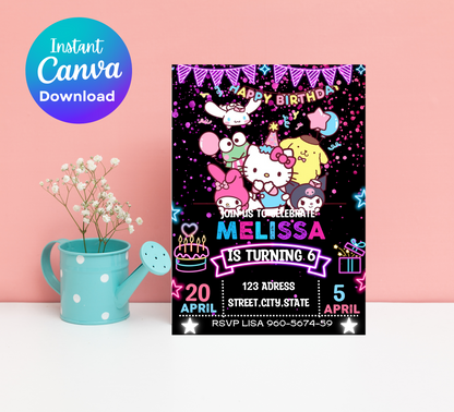 Hello Kitty & Friends Kawaii Neon Birthday Invitation | Editable Canva Template | Cute Glow Party Invite | Printable Girls Birthday Invitation