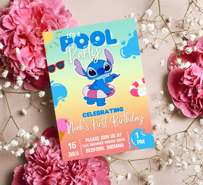 Stitch Pool Blue Birthday Invitation | Summer Swim Party | Editable Canva Template