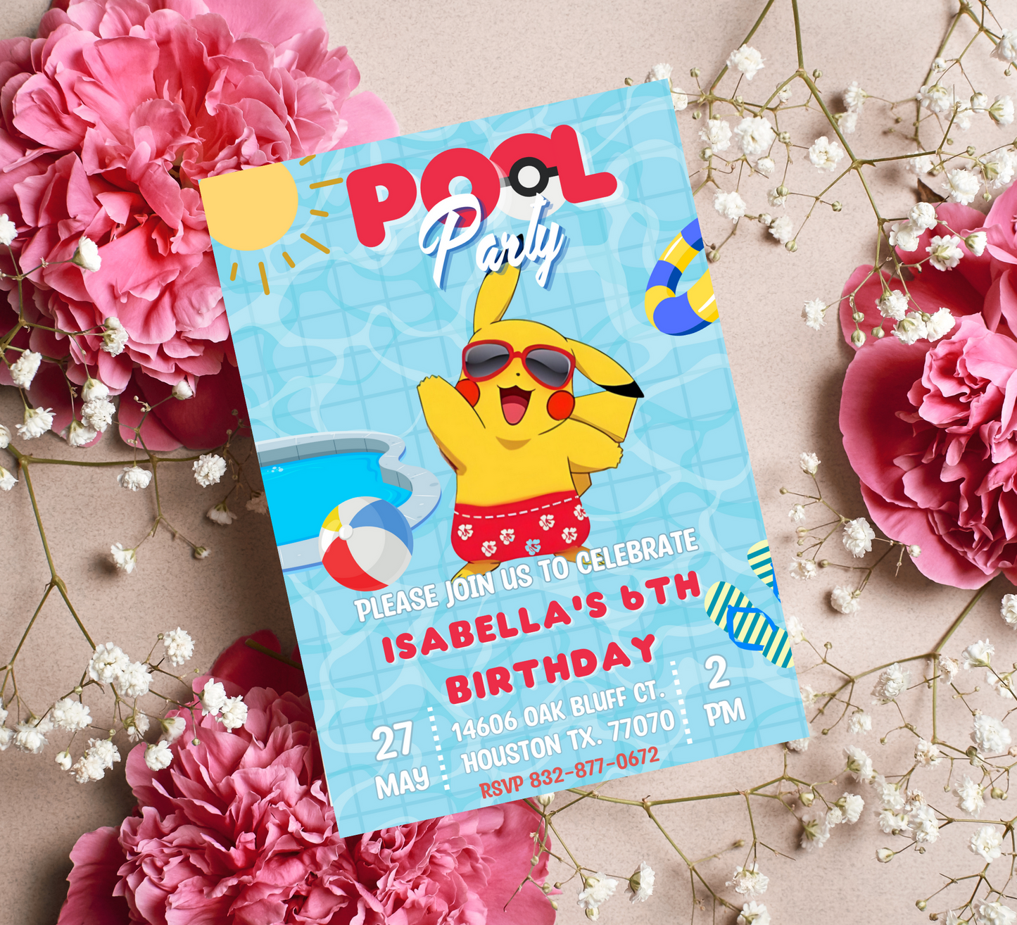 Pikachu Pokémon Red Pool Birthday Invitation | Summer Swim Party Invite | Editable Canva Template | Pokémon Kids Birthday Printable