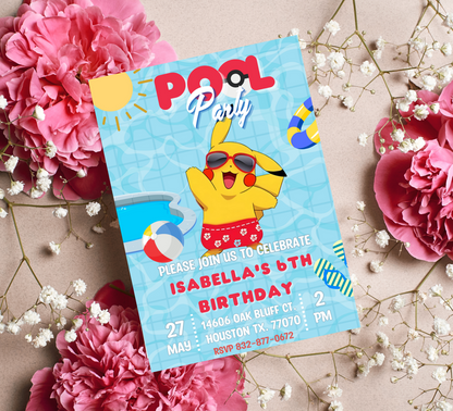 Pikachu Pokémon Red Pool Birthday Invitation | Summer Swim Party Invite | Editable Canva Template | Pokémon Kids Birthday Printable