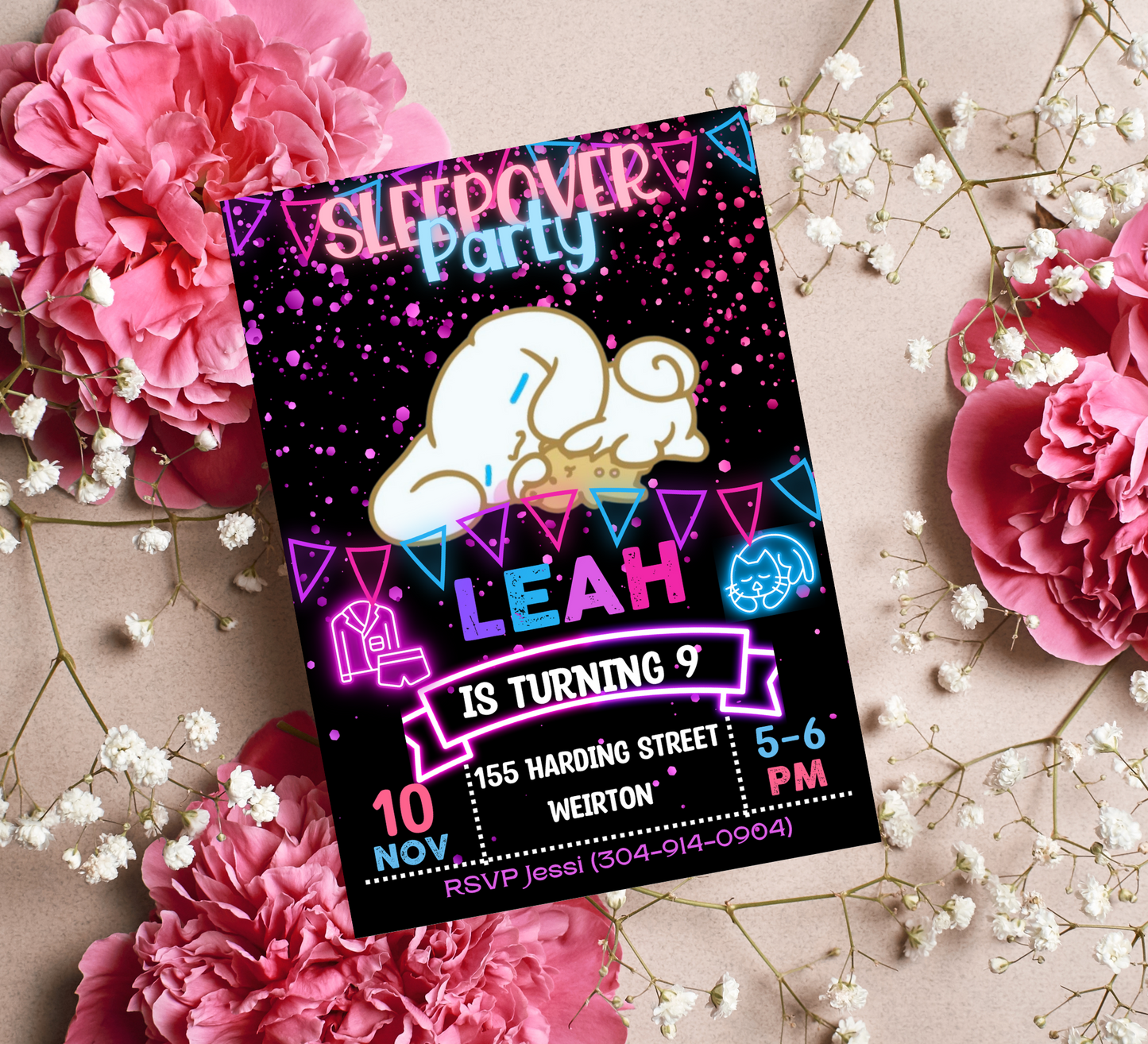Cinnamoroll Neon Sleepover Invite | Cute Kawaii Glow In The Dark Birthday Canva Template ☁️⚡💖