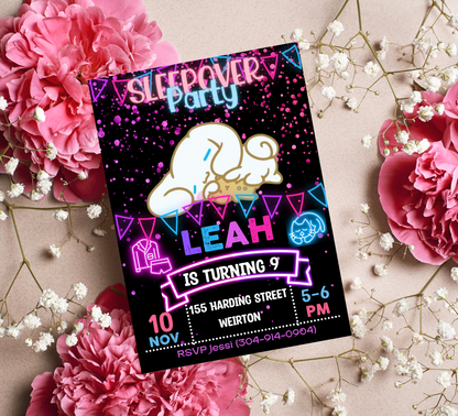 Cinnamoroll Neon Sleepover Invite | Cute Kawaii Glow In The Dark Birthday Canva Template ☁️⚡💖