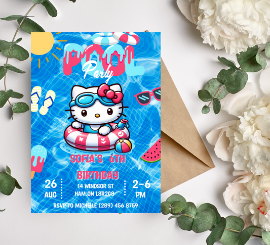 Hello Kitty Blue Pool Birthday Invitation | Kawaii Summer Swim Party Invite | Editable Canva Template | Printable Girls Birthday Invitation