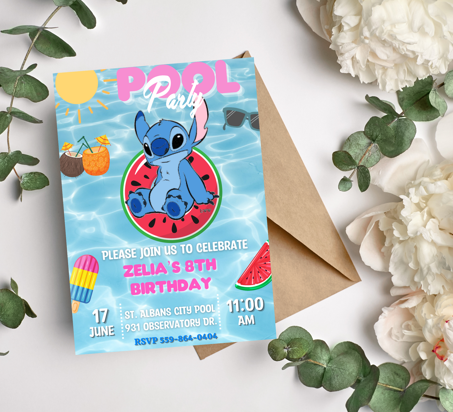 Stitch Pool Birthday Invitation | Summer Swim Party Invite | Editable Canva Template