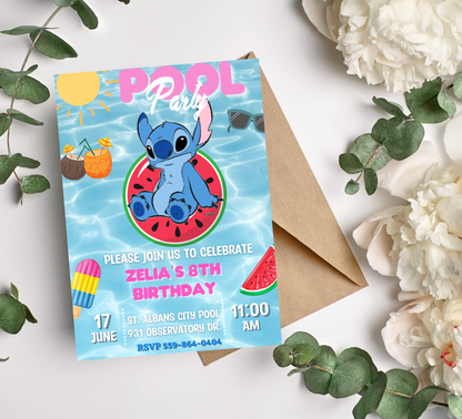 Stitch Pool Birthday Invitation | Summer Swim Party Invite | Editable Canva Template