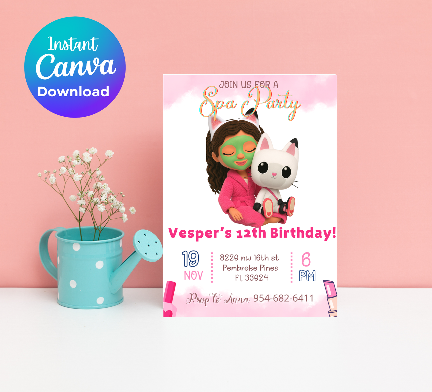 Gabby’s Dollhouse Spa Sleepover Invitation | Slumber Party Invite | Editable Canva Template | A-Meow-Zing Pampering Bash