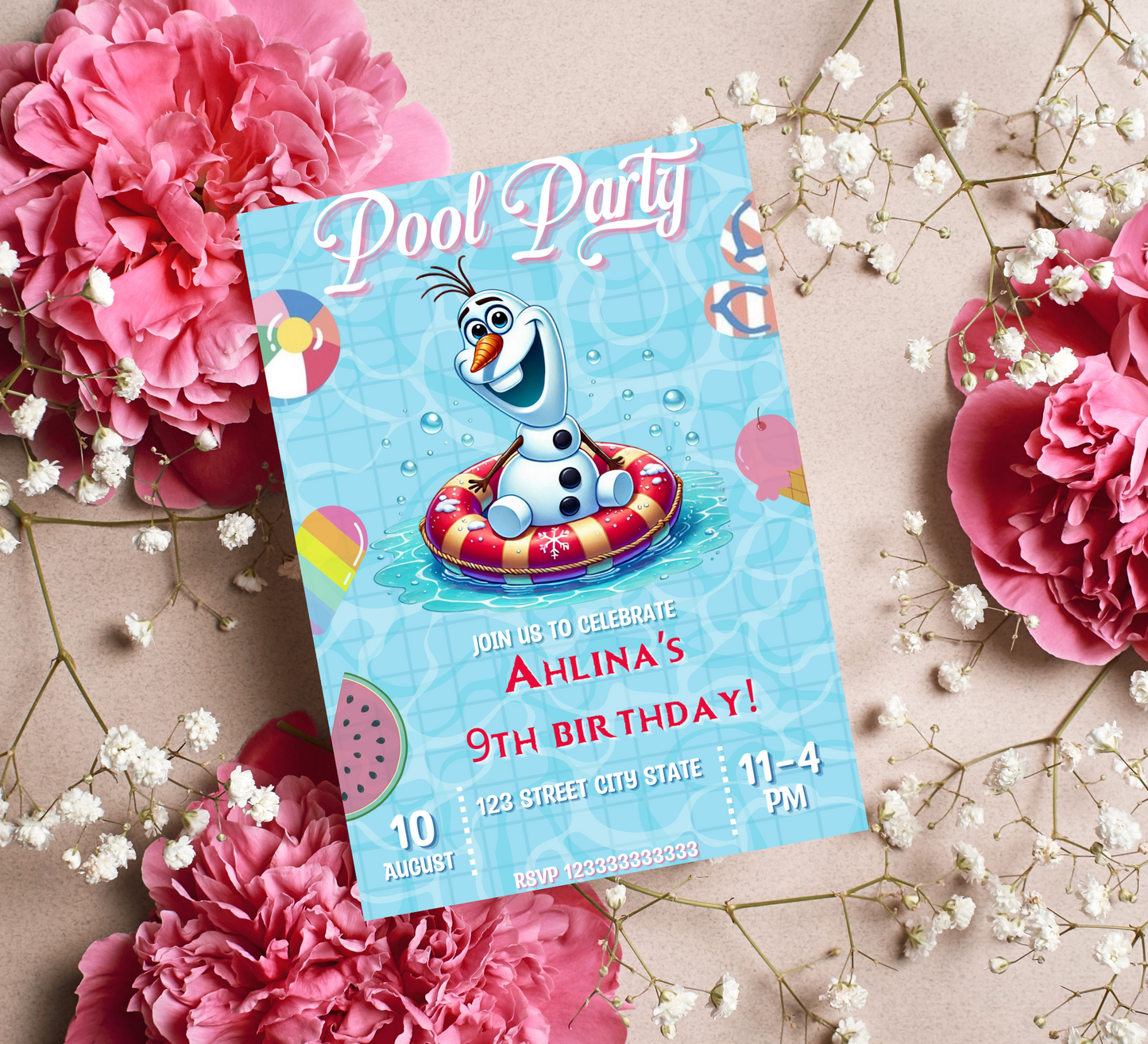 Olaf Frozen Pool Birthday Invitation | Editable Canva Template | Summer Swim Party Invite | Printable Kids Birthday Invitation