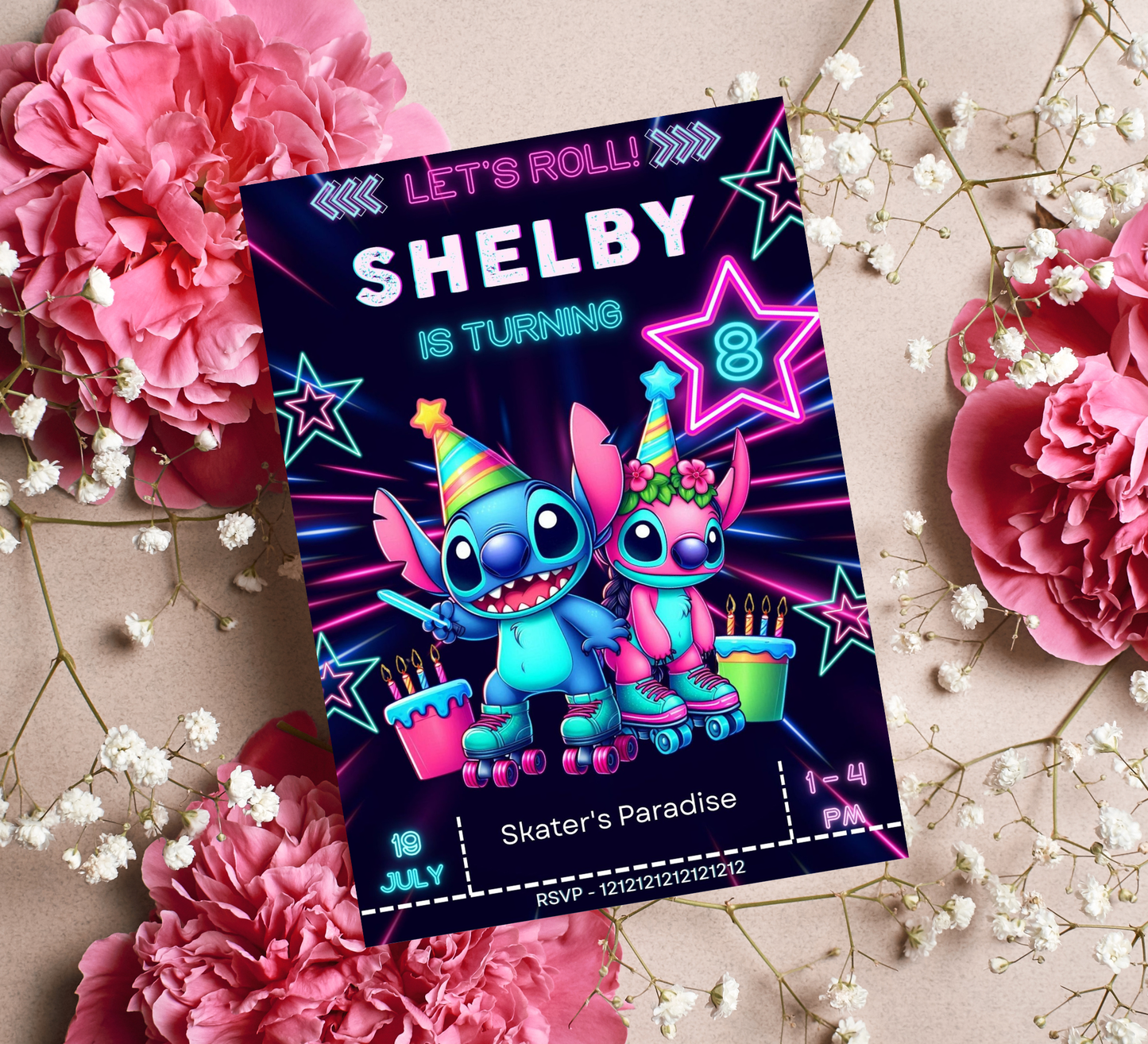 Stitch & Angel Neon Roller Skating Invitation | Glow in the Dark Skating Party | Editable Canva Template | Cyber Neon Birthday Invite