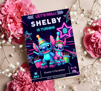 Stitch & Angel Neon Roller Skating Invitation | Glow in the Dark Skating Party | Editable Canva Template | Cyber Neon Birthday Invite