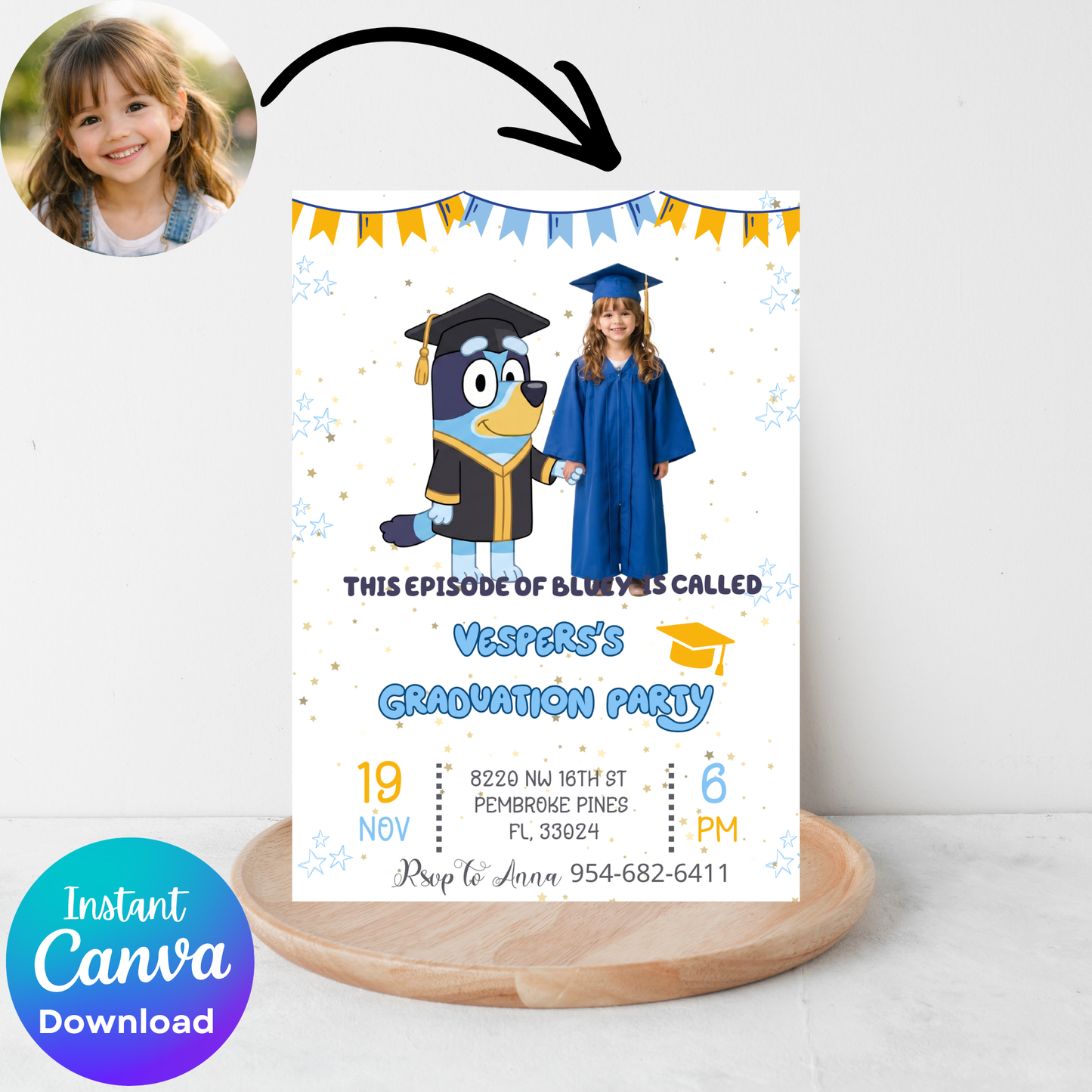 Bluey Kindergarten Graduation Invite with Photo | Cute School Milestone Canva Template 🎓🐾✨ – Kids Summer Splash Birthday Printable (Copy)