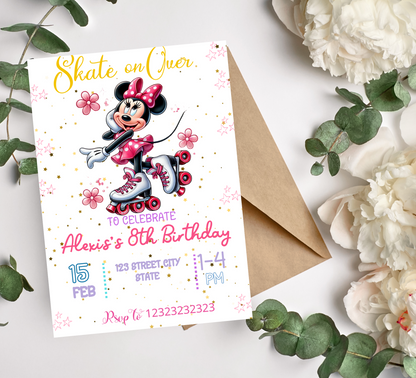 Minnie Mouse Pink Roller Skating Birthday Invitation | Cute Roller Rink Party | Editable Canva Template | Girls Skating Birthday Invite