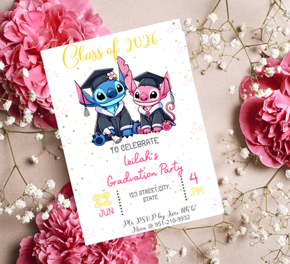 Stitch & Angel Graduation Invitation | Kindergarten & School Moving Up Party | Editable Canva Template | Stitch Graduation Announcement | Pink & Blue School Leavers Invite