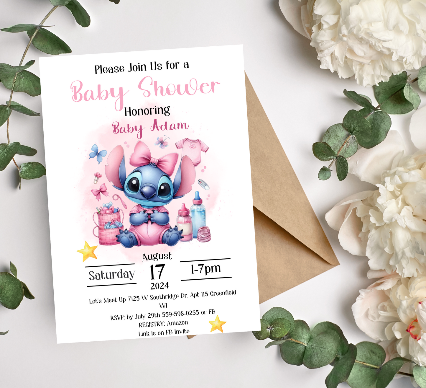 Pink Stitch Watercolor Baby Shower Invitation | Cute Girl Baby Shower | Editable Template