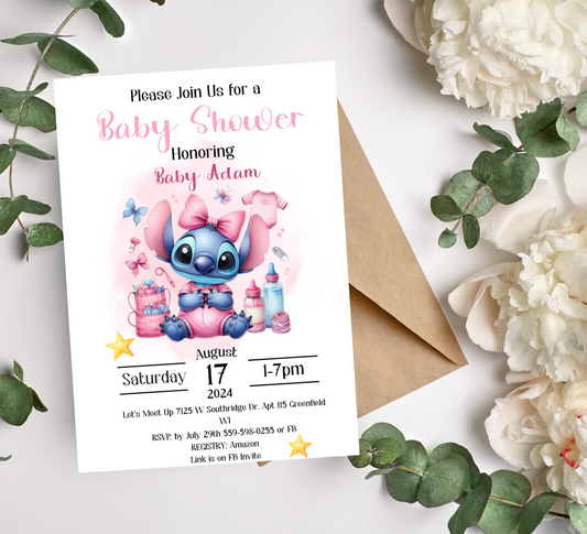 Pink Stitch Watercolor Baby Shower Invitation | Cute Girl Baby Shower | Editable Template