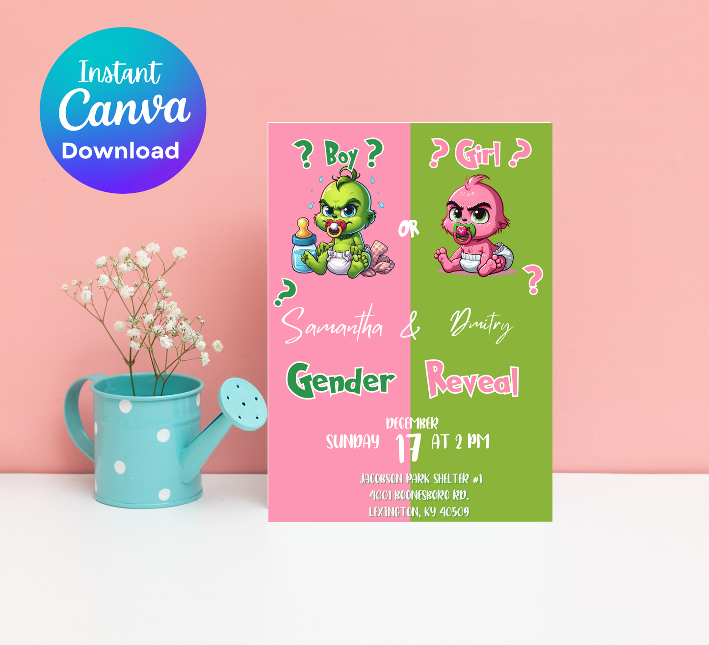 Grinch Pink & Green Christmas Gender Reveal Invitation | Cute Holiday Reveal | Editable Template
