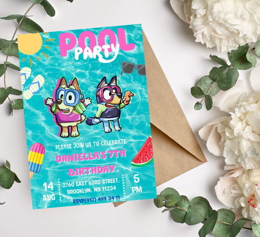 Bluey Pool Waterslide Birthday Invitation | Summer Swim Party | Editable Canva Template