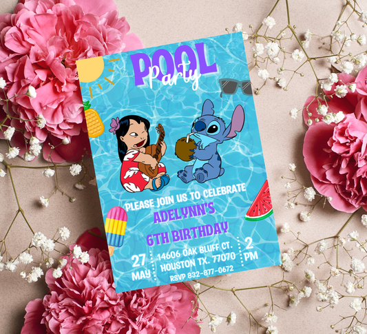 Stitch & Lilo Pool Birthday Invitation | Tropical Summer Party | Editable Digital Template