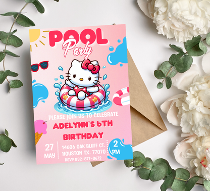 Hello Kitty Pink Pool Birthday Invitation | Kawaii Summer Swim Party | Editable Canva Template