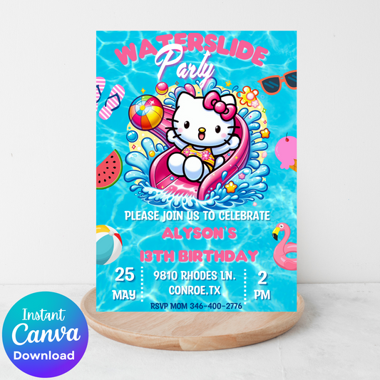 Hello Kitty Pool Waterslide Invitation | Editable Canva Template | Kawaii Summer Slide & Splash Birthday Invite | Printable Girls Party Invitation