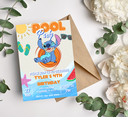 Stitch Orange Pool Birthday Invitation | Tropical Summer Swim Party | Editable Canva Template