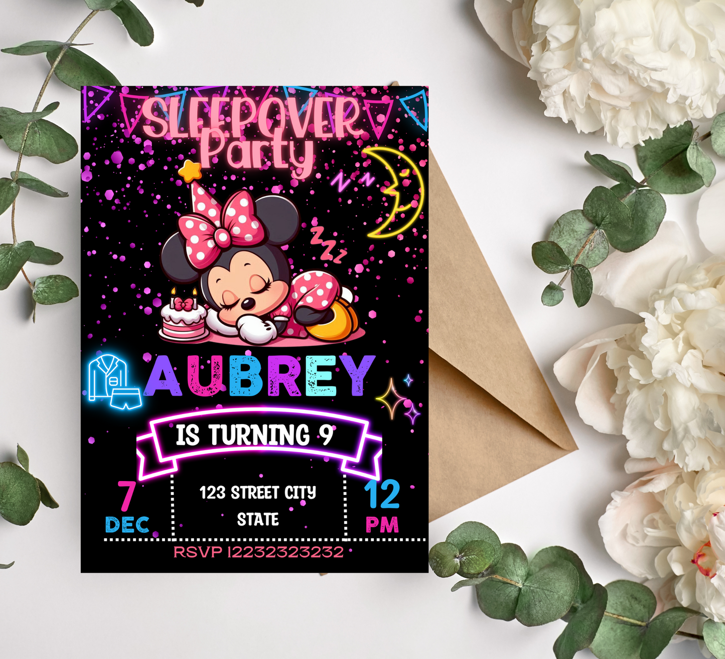 Minnie Mouse Neon Sleepover Birthday Invitation | Slumber Party Glow Invite | Editable Canva Template | Cute Pajama Party Printable