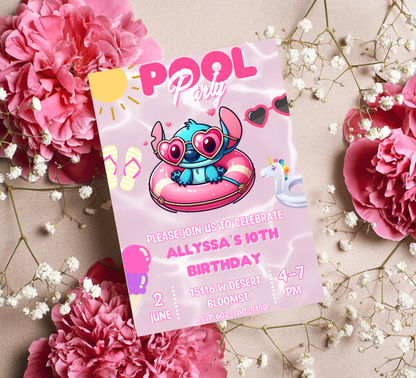Stitch Pink Pool Birthday Invitation | Tropical Girl's Swim Party | Editable Canva Template | Pink Stitch Summer Bash | Hibiscus Floral Pool Invite