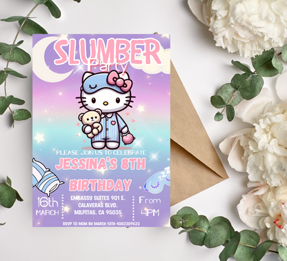 Hello Kitty Sleepover Party Invitation | Editable Girls Slumber Party Invite | Kawaii Nighttime Birthday Invitation | Printable Template