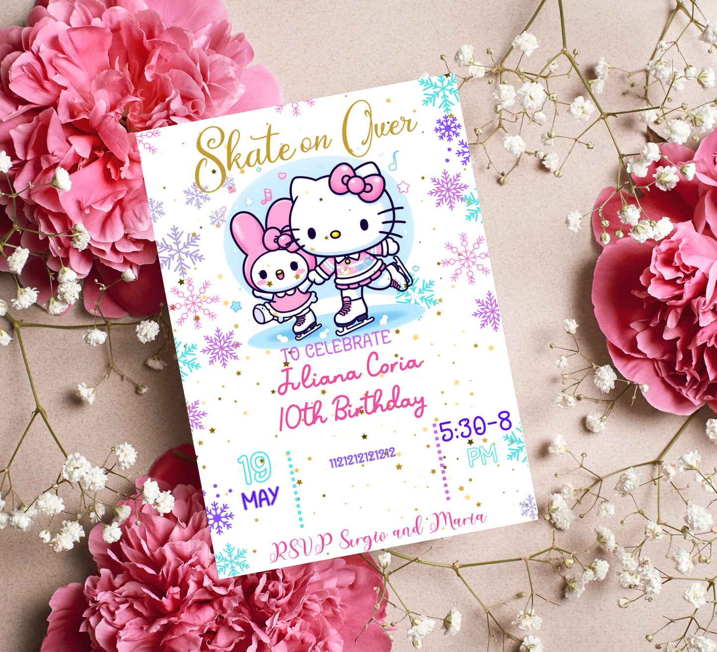 Hello Kitty & My Melody Ice Skating Winter Birthday Invitation | Cute Snow Party | Editable Template