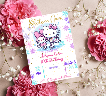 Hello Kitty & My Melody Ice Skating Winter Birthday Invitation | Cute Snow Party | Editable Template