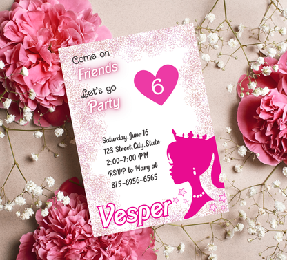 Barbie Pink Glitter Birthday Invitation | Glam Doll Party Invite | Editable Digital Template