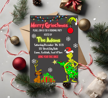 Grinch Merry Grinchmas Neon Party Invitation | Bright Christmas Invite | Editable Template