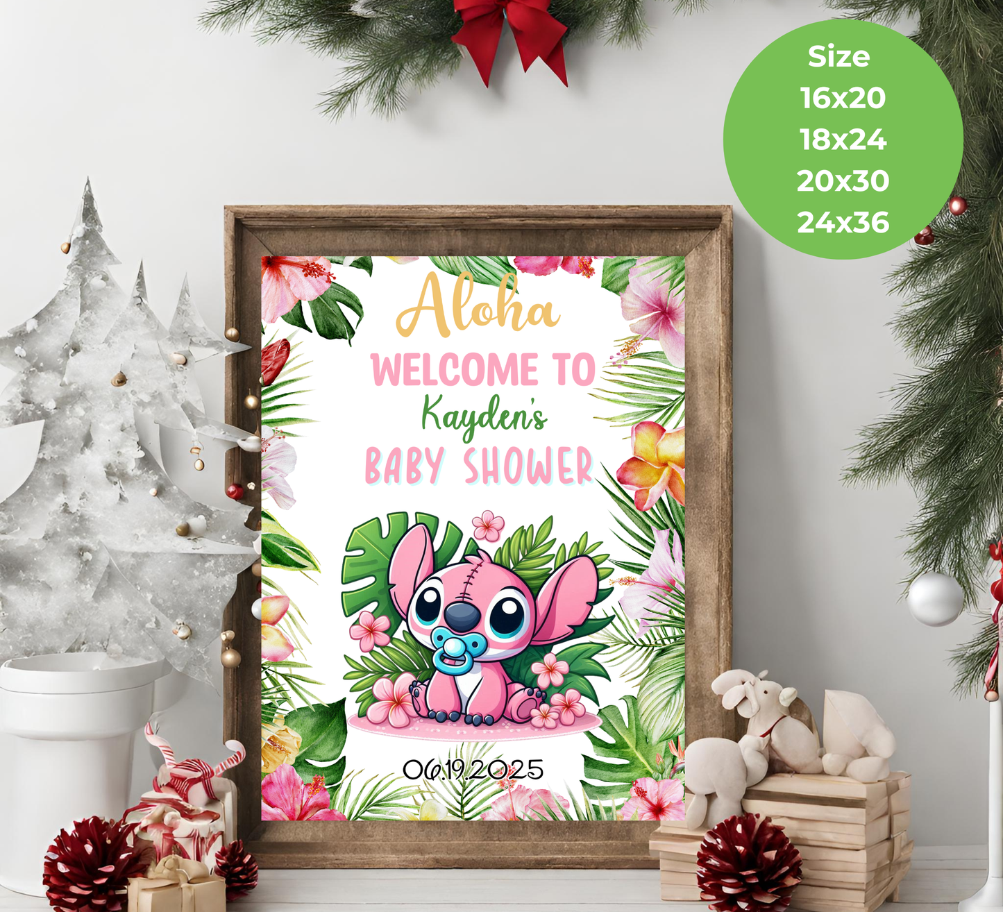 Stitch Pink Aloha Baby Shower Welcome Sign – Editable Canva Template – Tropical Hawaii Baby Shower Decor – Ohana Welcome Poster – Instant Download Printable
