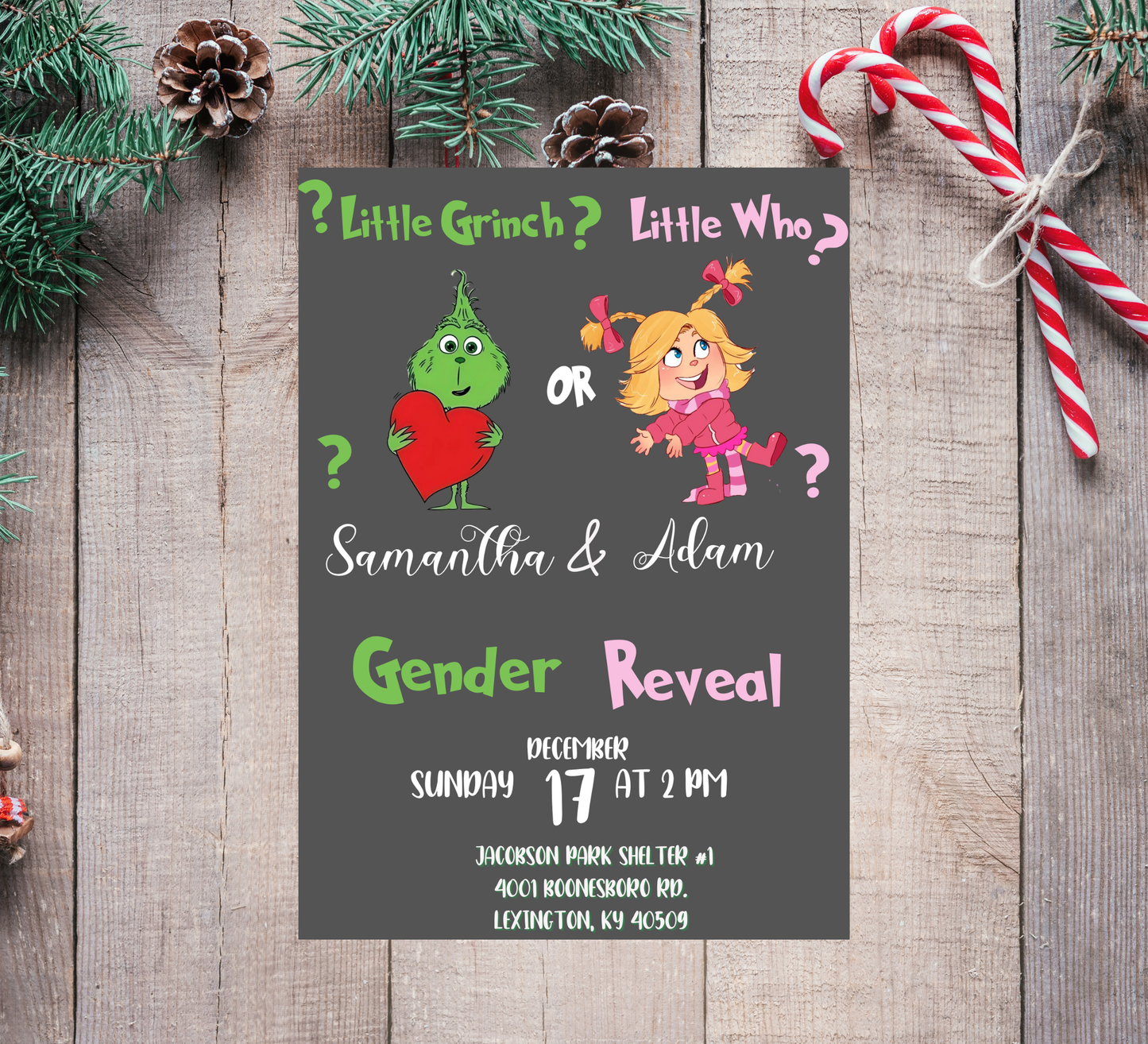 Grinch & Cindy Lou Christmas Gender Reveal Invitation | Pink & Green Holiday Reveal | Editable Template