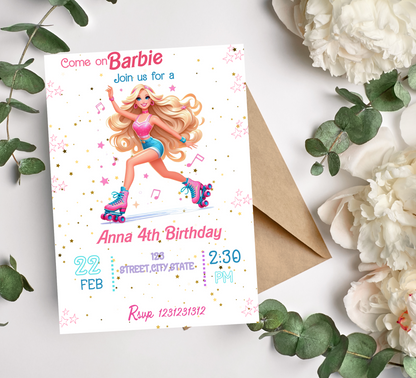 Barbie Roller Skating Birthday Invitation | Pink Skate Party Invite | Editable Canva Template | Glam Neon Roller Rink Birthday Invitation