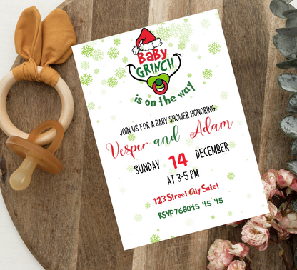 Grinch Christmas Winter Baby Shower Invitation | Editable Canva Template | Holiday Themed Baby Shower Invite | Printable Baby Shower Invitation