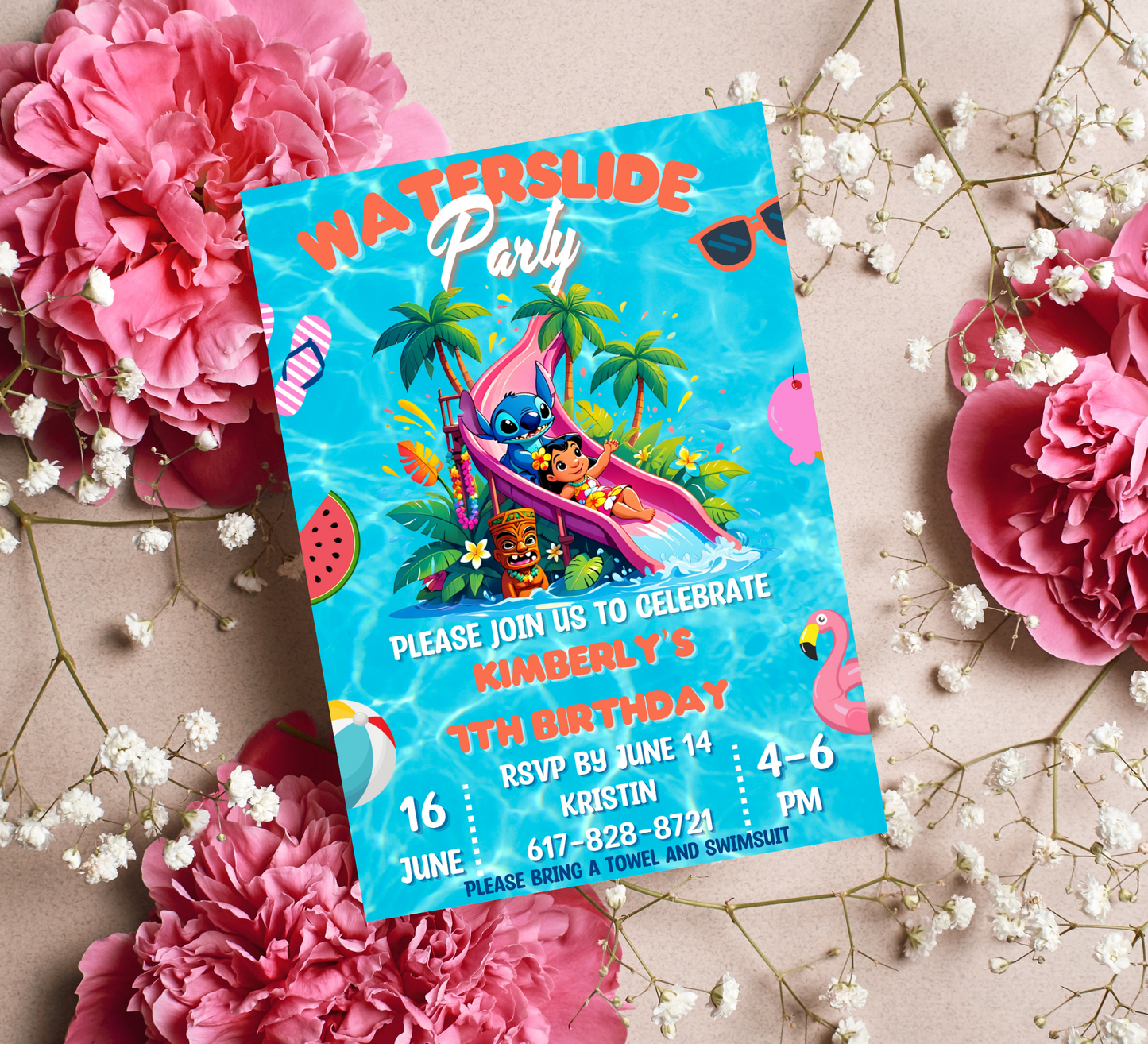 Stitch & Lilo Tropical Waterslide Birthday Invitation | Hawaiian Pool Party Invite | Editable Canva Template | Aloha Summer Birthday Printable