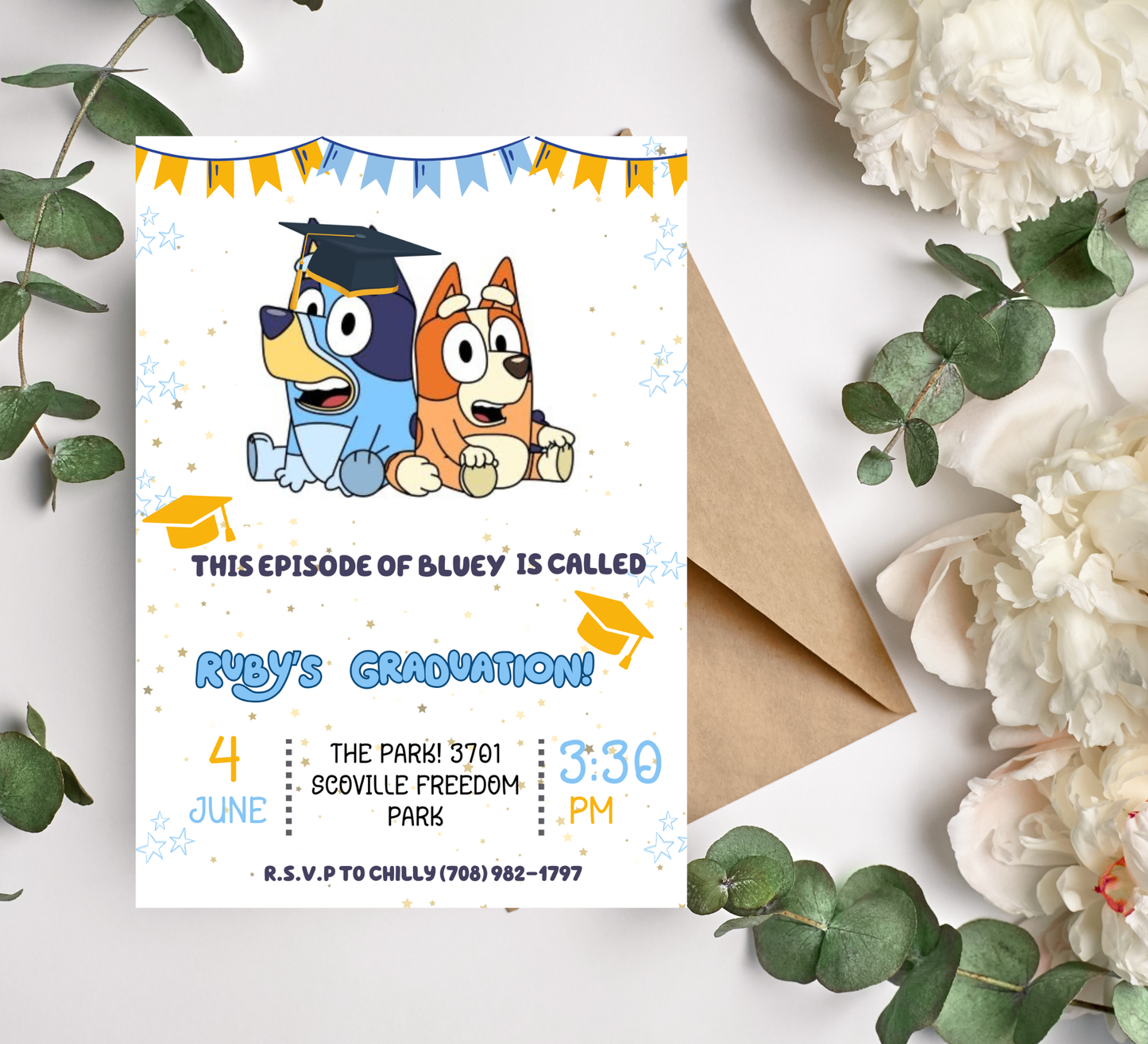 Bluey Graduation Invitation | Kindergarten & School Moving Up Party | Editable Canva Template | Bluey & Bingo School Leavers Invite | Kids Graduation Announcement