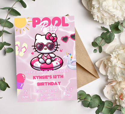 Hello Kitty Pink Pool Party Invitation | Self-Editable in Canva | Kawaii Summer Swim Birthday Invitation | Printable Template |