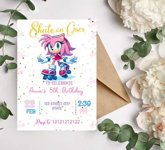 Amy Rose Roller Skating Birthday Invitation | Sonic Girl Skating Party Invite | Editable Canva Template | Pink Neon Skating Birthday Invitation